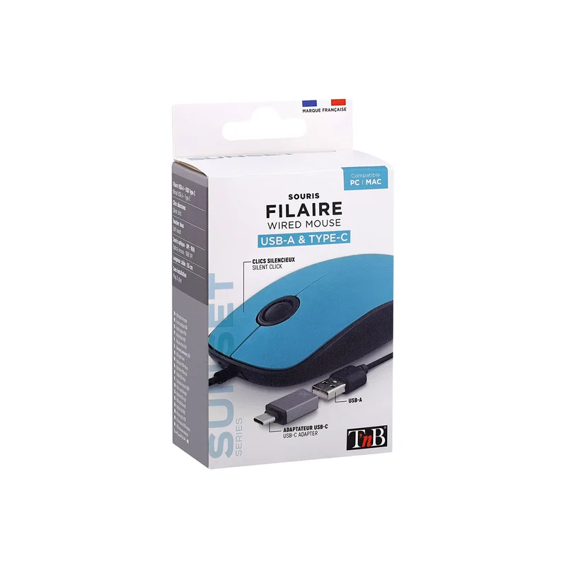 Mouse TNB Sunset, with cable, USB Type-A, with adapter USB Type-C, 3 buttons, blue