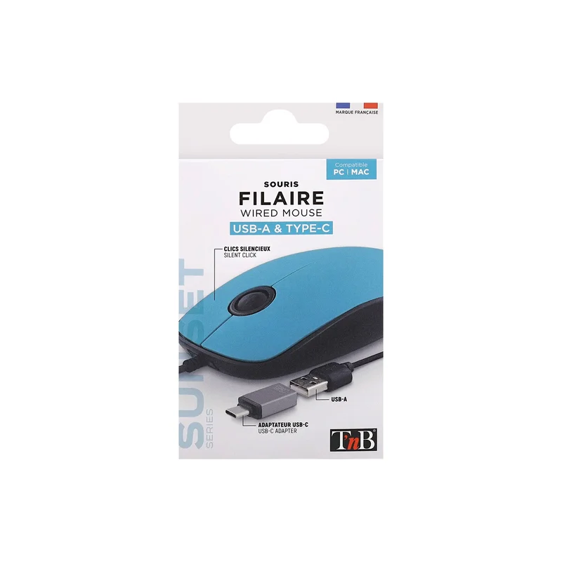 Mouse TNB Sunset, with cable, USB Type-A, with adapter USB Type-C, 3 buttons, blue