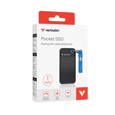 Външен SSD твърд диск Verbatim Pocket, 1 TB, джобен, USB 3.2, черно-син