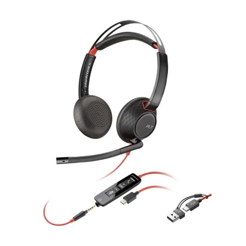 Headphones HP Poly Blackwire 5220, 3.5 mm jack and USB Type-C/Type-A adapter