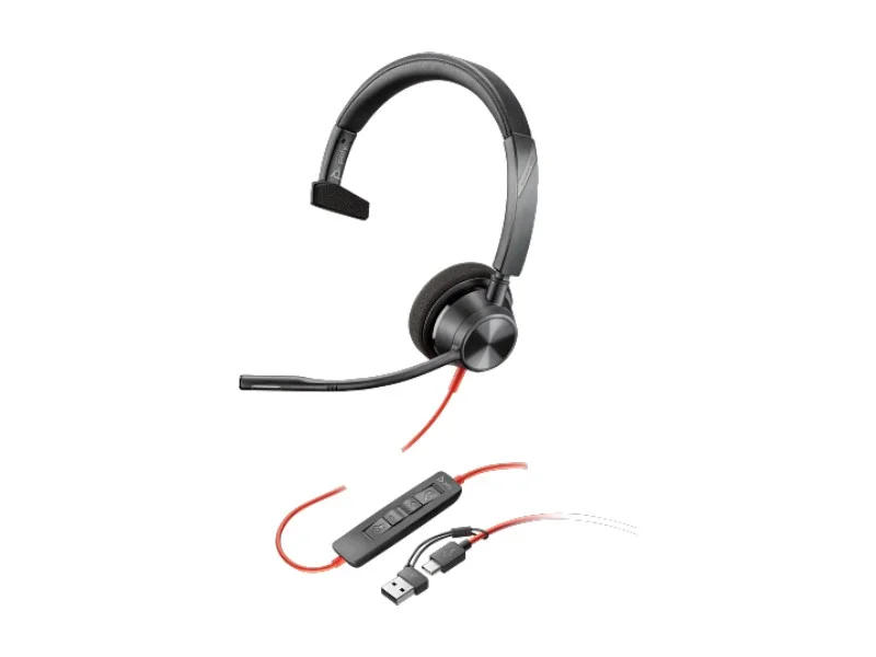 Headphones HP Poly Blackwire 3310, with cable 2.15 m, with microphone, USB Type-C/Type-A adapter, USB Type-C/USB Type-A, 118 dB
