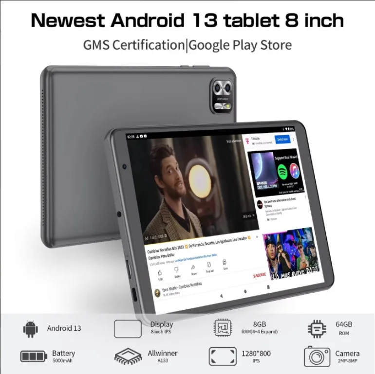Таблет Pritom B8, 8'', Octa Core, 5G, 64 GB, 8 GB RAM, Android, 13, IPS, A523 Octa Core, предна камера 2 MP, сив