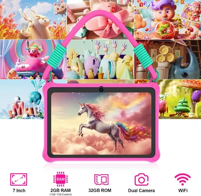 Таблет Pritom K7PRO, 7'', Lanyard, Quad Core, 32 GB, 2 GB RAM, Android 13, с връзка, розов