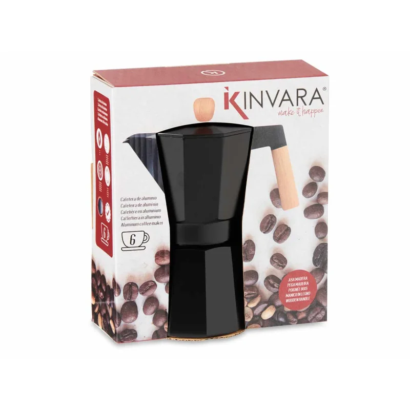 Кафеварка Kinvara, алуминиева, с дървена дръжка, за 6 чаши, черна