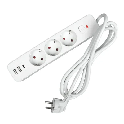 Power strip Office 1, Schuko, 3 sockets, 1.8 m cable, 2 USB Type-A, 1 USB Type-C, with switch, white