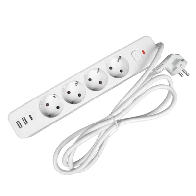 Power strip Office 1, Schuko, 4 sockets, 1.8 m cable, 2 USB Type-A, 1 USB Type-C, with switch, white