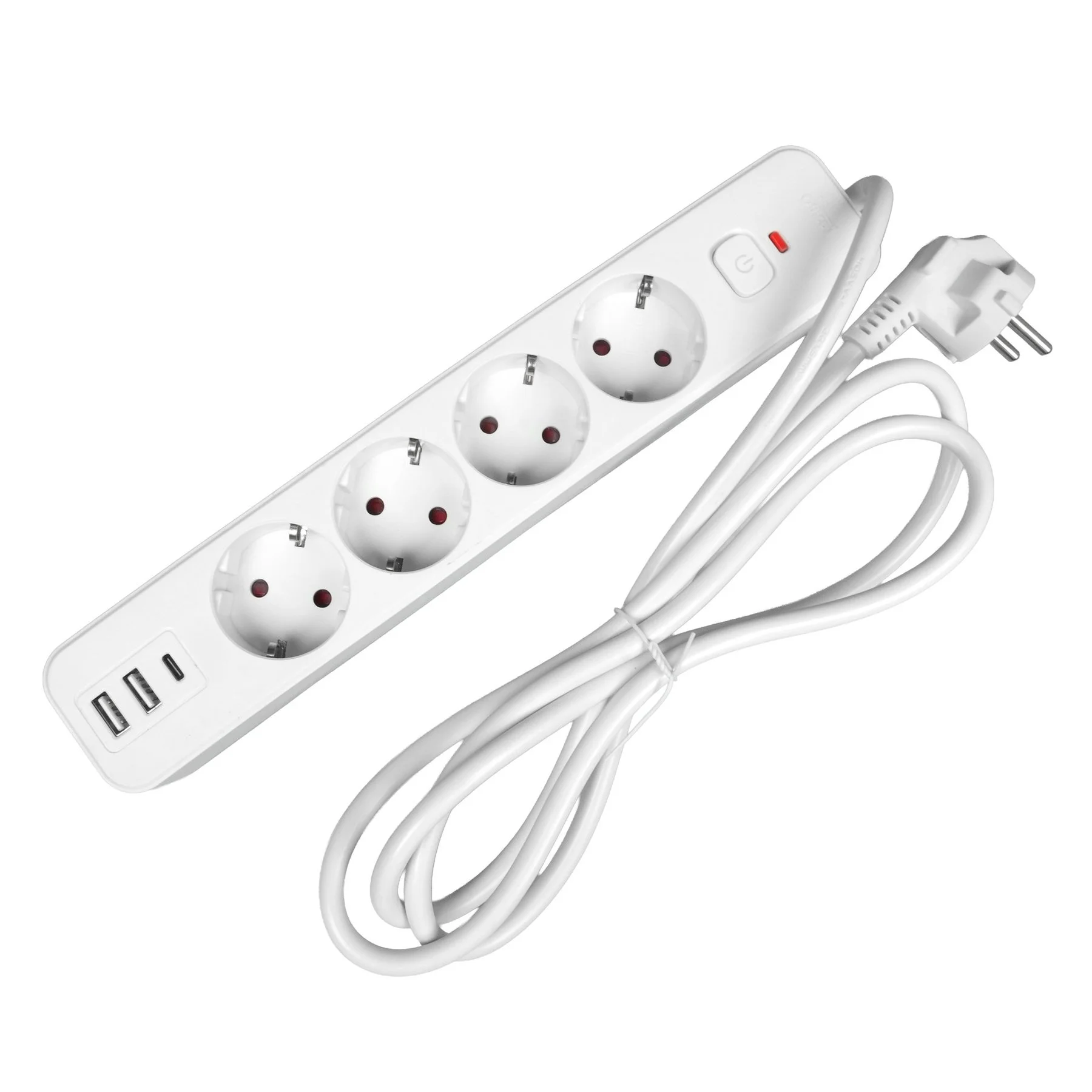 Разклонител Office 1, шуко, 4 гнезда, 3 m кабел, 2 USB Type-A, 1 USB Type-C, с ключ, бял