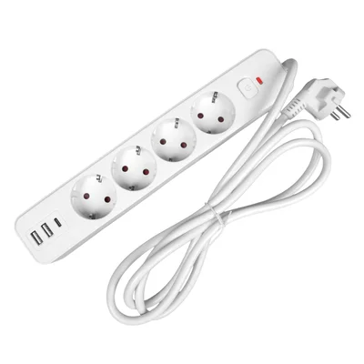 Power strip Office 1, Schuko, 4 sockets, 3 m cable, 2 USB Type-A, 1 USB Type-C, with switch, white