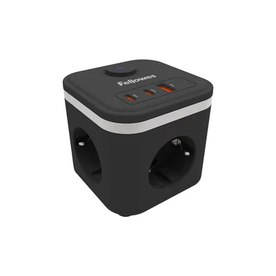 Fellowes Ampra Power Cube Power Strip, Schuko, 3 Outlets, 1 USB Type-A, 2 USB Type-C, Black
