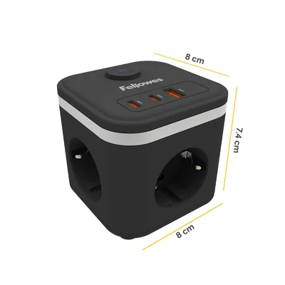 Fellowes Ampra Power Cube Power Strip, Schuko, 3 Outlets, 1 USB Type-A, 2 USB Type-C, Black