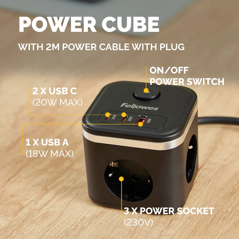 Fellowes Ampra Power Cube Power Strip, Schuko, 3 Outlets, 1 USB Type-A, 2 USB Type-C, Black