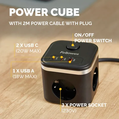 Fellowes Ampra Power Cube Power Strip, Schuko, 3 Outlets, 1 USB Type-A, 2 USB Type-C, Black