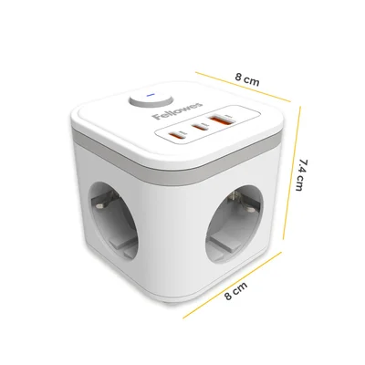 Разклонител Fellowes Ampra Power Cube, шуко, 3 гнезда, 1 USB Type-A, 2 USB Type-C, бял