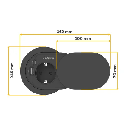 Fellowes Ampra Power Spot Power Strip, Schuko, 1 Outlet, 1 USB Type-A, 1 USB Type-C, Black