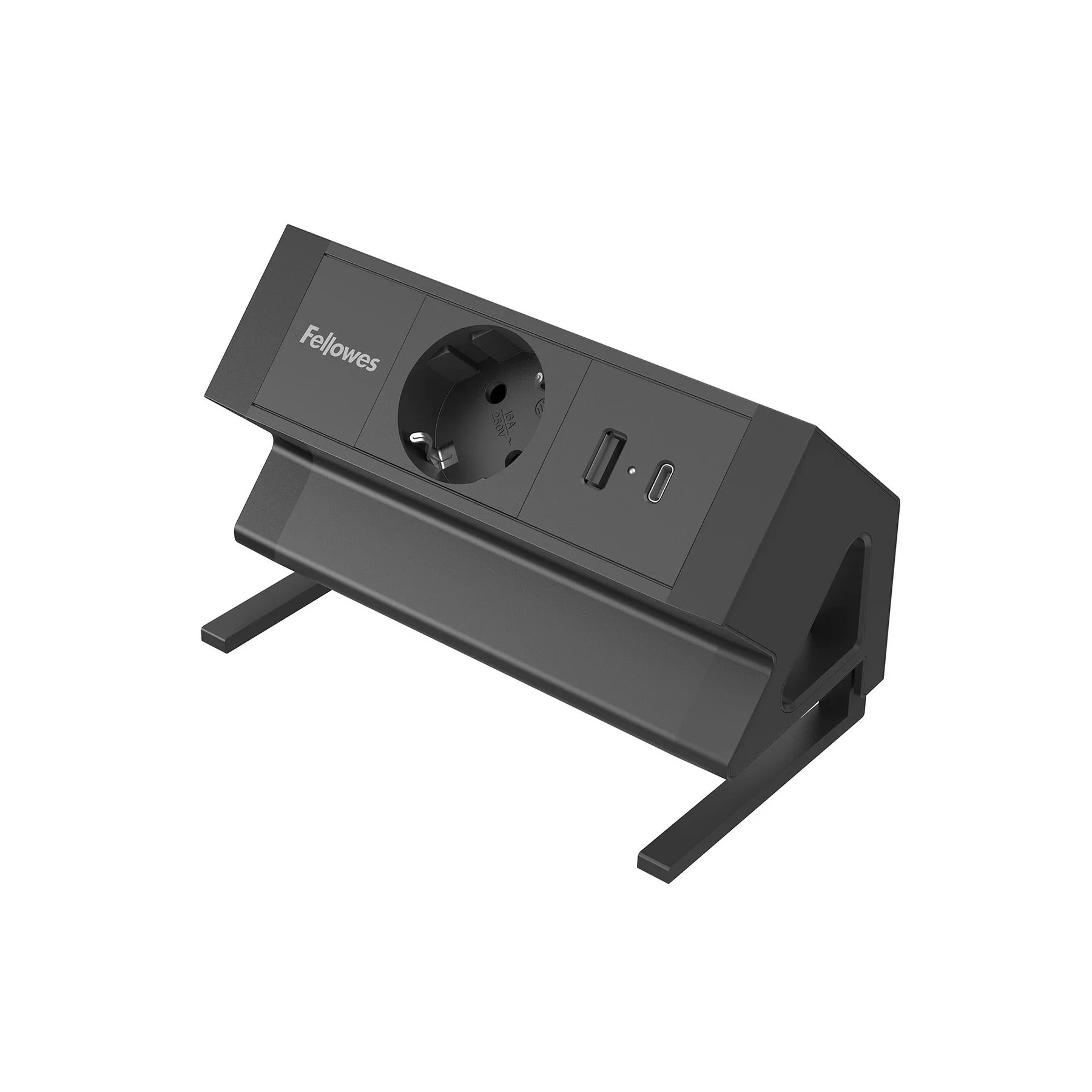 Разклонител Fellowes Ampra Power Desk, шуко, 1 гнездо, 1 USB Type-A, 1 USB Type-C, черен