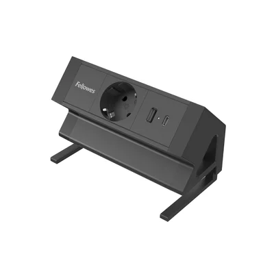 Fellowes Ampra Power Desk Power Strip, Schuko, 1 Outlet, 1 USB Type-A, 1 USB Type-C, Black