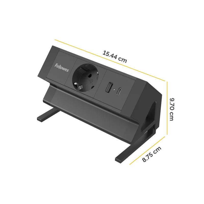Fellowes Ampra Power Desk Power Strip, Schuko, 1 Outlet, 1 USB Type-A, 1 USB Type-C, Black