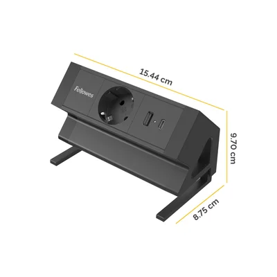 Fellowes Ampra Power Desk Power Strip, Schuko, 1 Outlet, 1 USB Type-A, 1 USB Type-C, Black