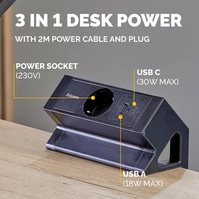 Fellowes Ampra Power Desk Power Strip, Schuko, 1 Outlet, 1 USB Type-A, 1 USB Type-C, Black