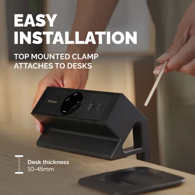 Fellowes Ampra Power Desk Power Strip, Schuko, 1 Outlet, 1 USB Type-A, 1 USB Type-C, Black