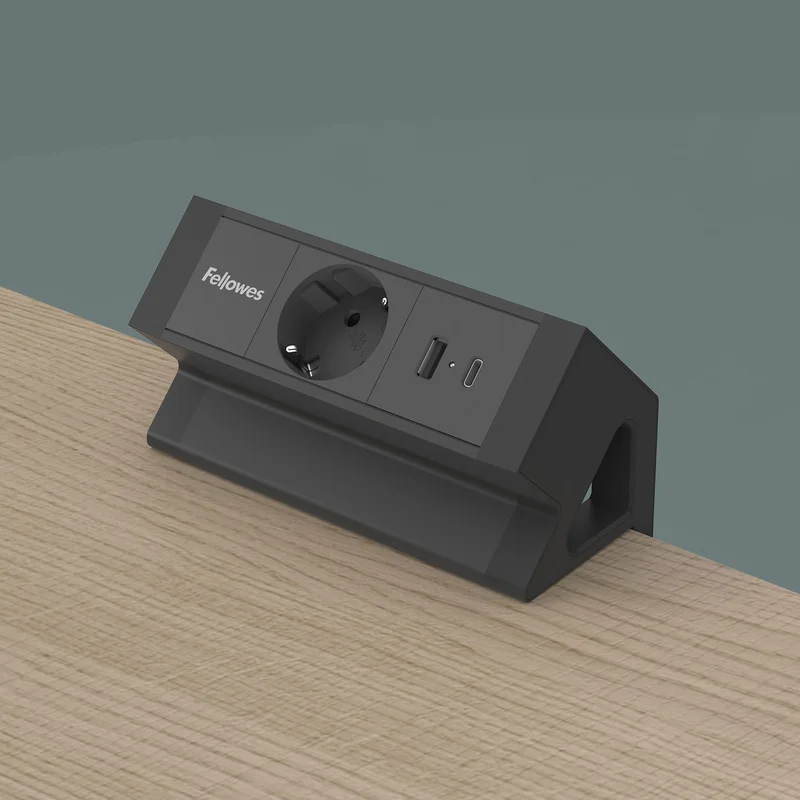 Fellowes Ampra Power Desk Power Strip, Schuko, 1 Outlet, 1 USB Type-A, 1 USB Type-C, Black