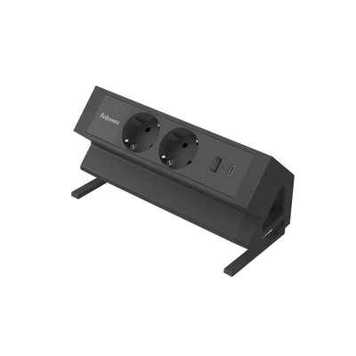 Fellowes Ampra Power Desk Power Strip, Schuko, 2 Outlets, 1 USB Type-A, 1 USB Type-C, Black