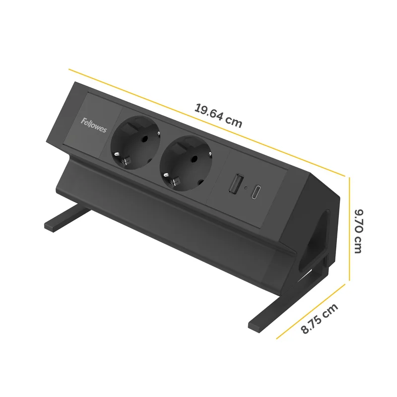 Fellowes Ampra Power Desk Power Strip, Schuko, 2 Outlets, 1 USB Type-A, 1 USB Type-C, Black