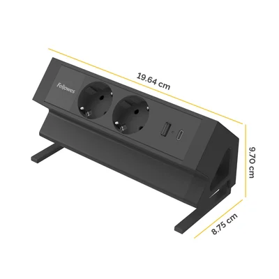 Fellowes Ampra Power Desk Power Strip, Schuko, 2 Outlets, 1 USB Type-A, 1 USB Type-C, Black