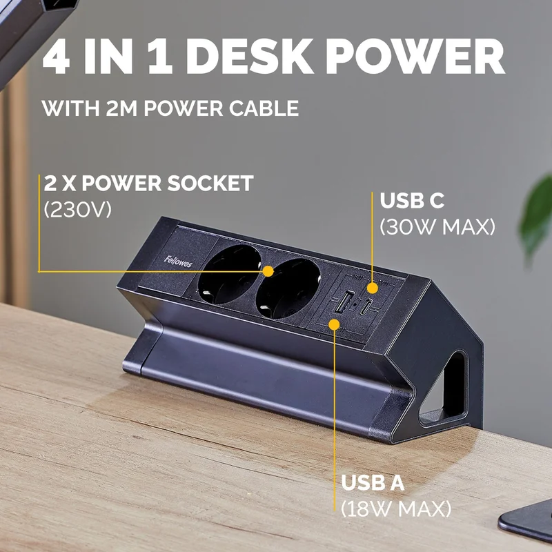 Fellowes Ampra Power Desk Power Strip, Schuko, 2 Outlets, 1 USB Type-A, 1 USB Type-C, Black
