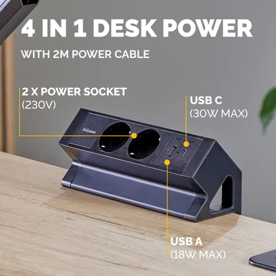 Fellowes Ampra Power Desk Power Strip, Schuko, 2 Outlets, 1 USB Type-A, 1 USB Type-C, Black