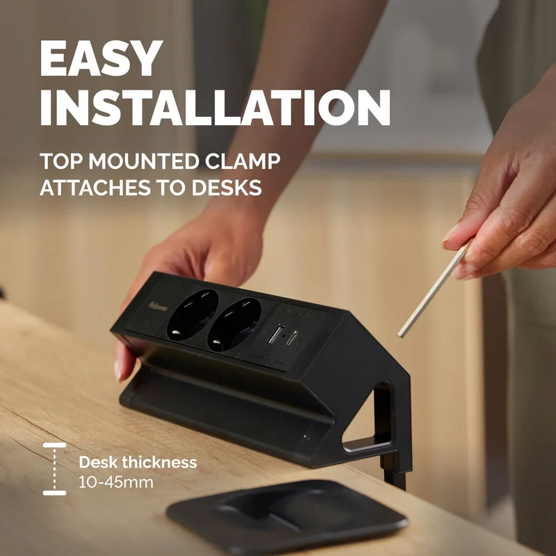 Fellowes Ampra Power Desk Power Strip, Schuko, 2 Outlets, 1 USB Type-A, 1 USB Type-C, Black