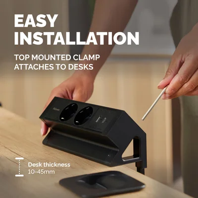 Fellowes Ampra Power Desk Power Strip, Schuko, 2 Outlets, 1 USB Type-A, 1 USB Type-C, Black