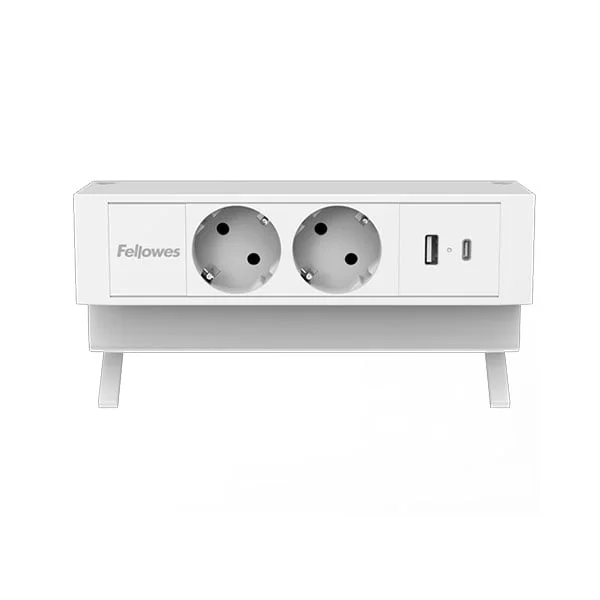 Разклонител Fellowes Ampra Power Desk, шуко, 2 гнезда, 1 USB Type-A, 1 USB Type-C, бял