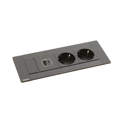 Furniture box Legrand Incara, with 6 modules, 2x2P+E, USB A+C, 15 W, black