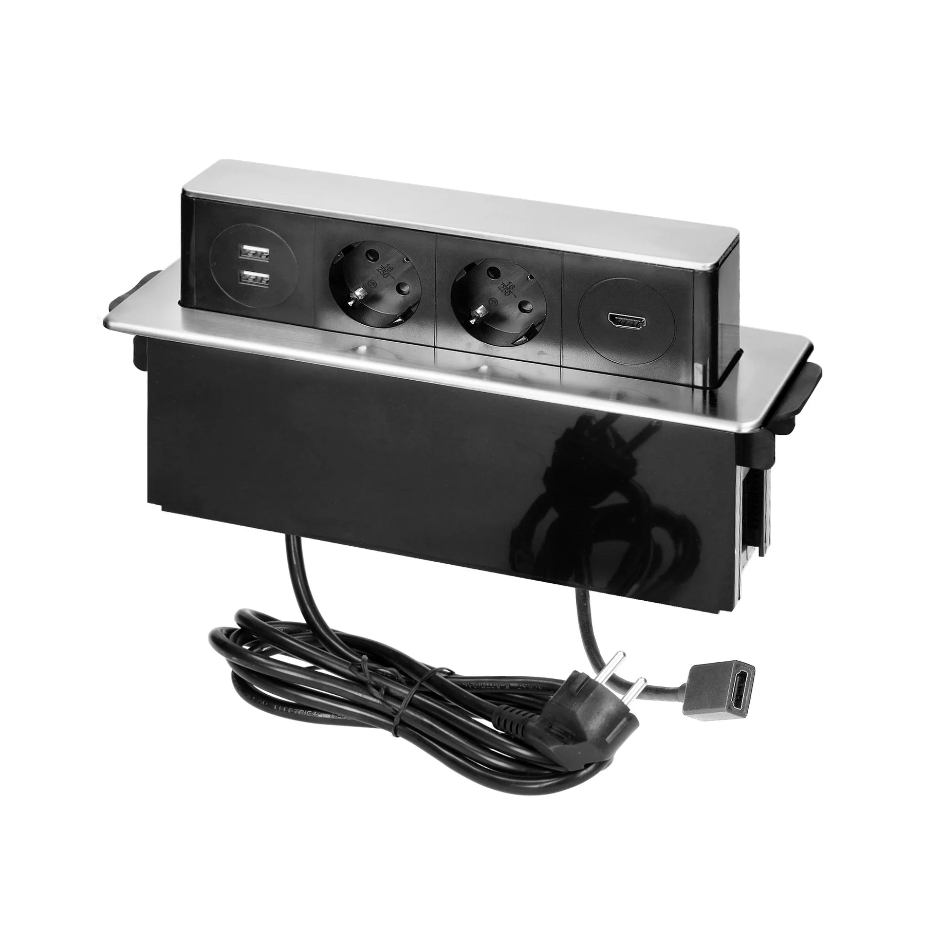 Furniture box Orno, for installation, 2xP+E, USB Type-A+C, HDMI, black
