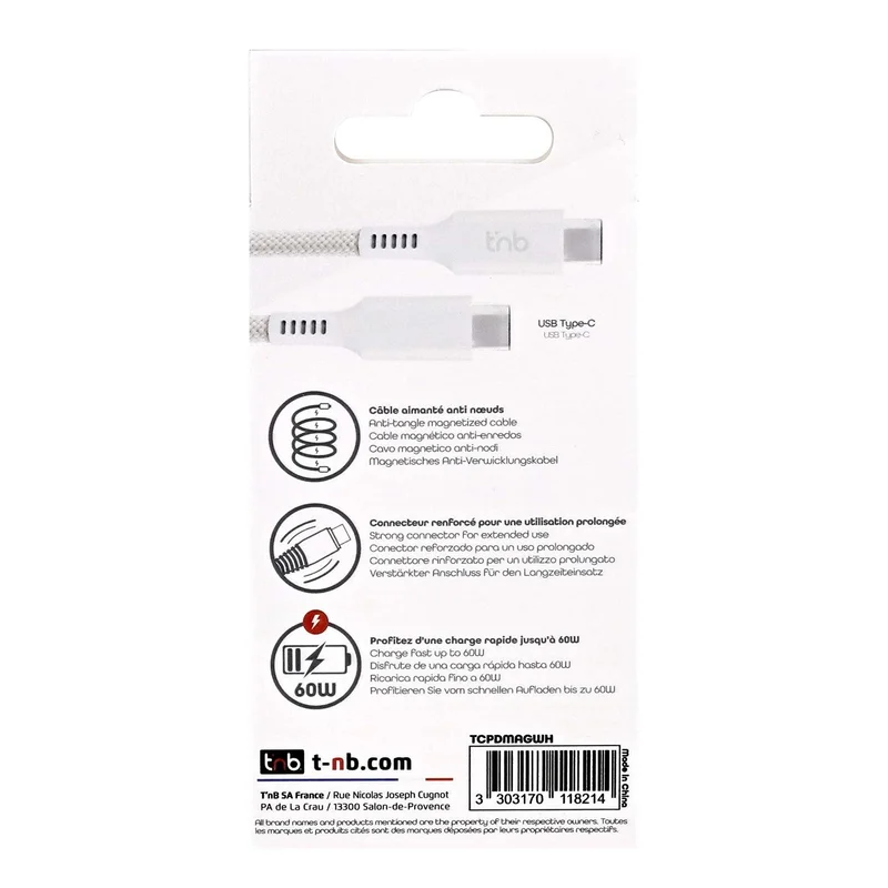 Кабел TNB, USB Type-C към USB Type-C, 1.5 m, бял