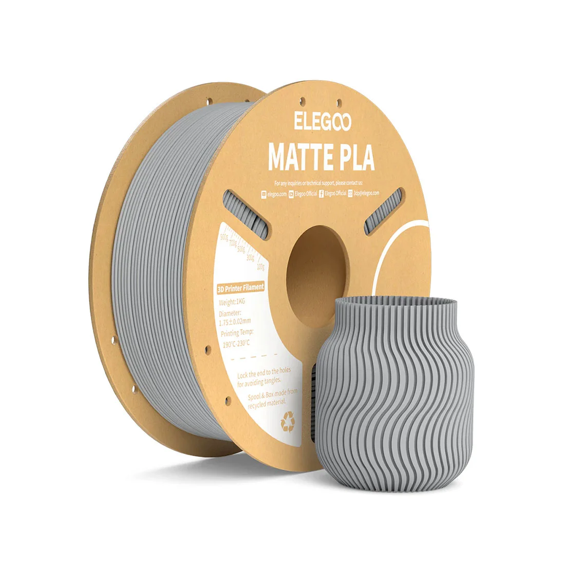 Филамент за 3D принтер Elegoo PLA Matte, 1.75 mm, 1 kg, сив мат