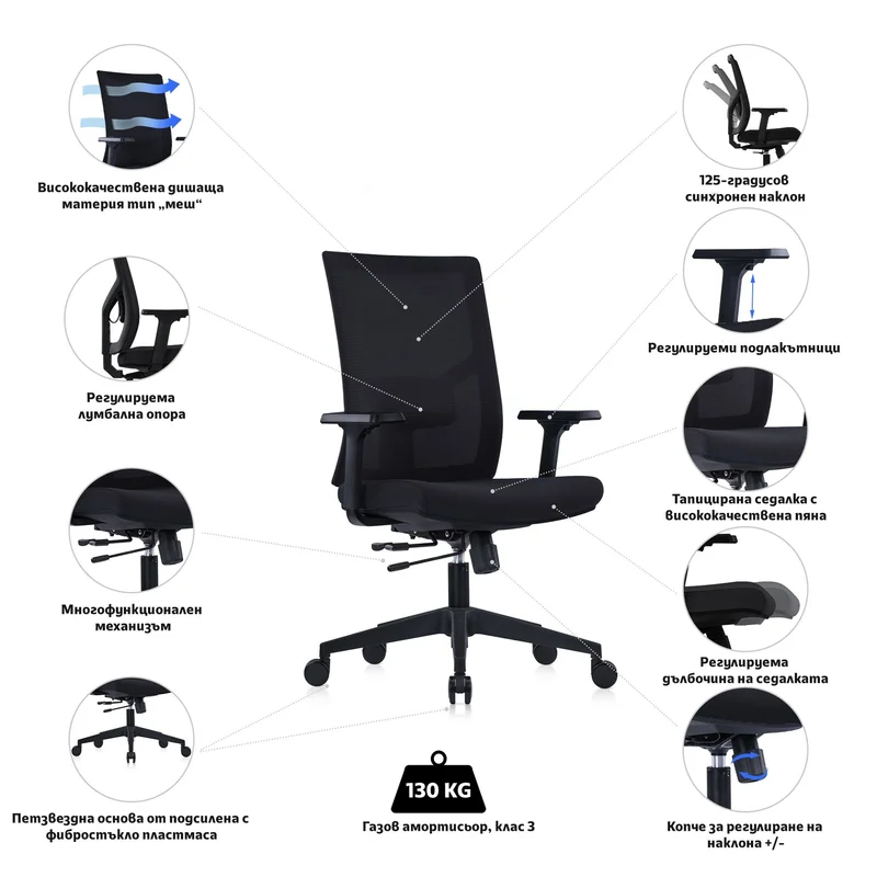 RFG Ergonomic Chair Snow Black W, black seat, black backrest