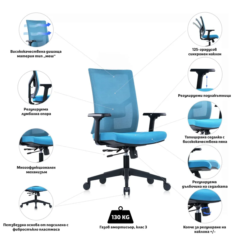 RFG Ergonomic chair Snow Black W, light blue seat, light blue backrest