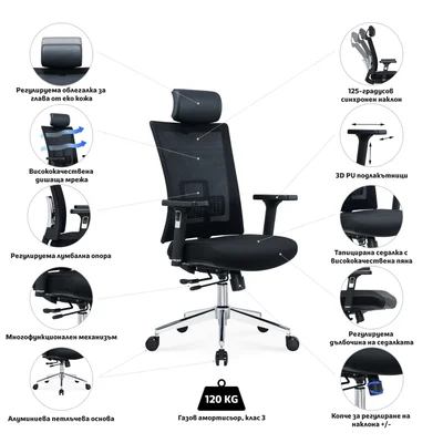RFG Ergonomic Chair Luxe HB Chrome, Black Seat, Black Backrest