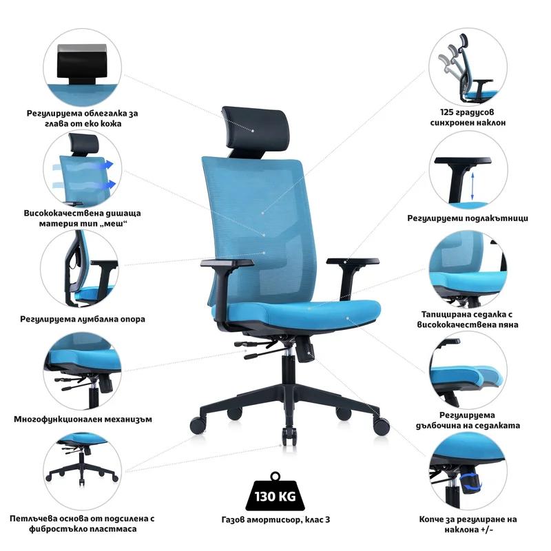 RFG Executive Chair Snow Black HB, light blue seat, light blue backrest