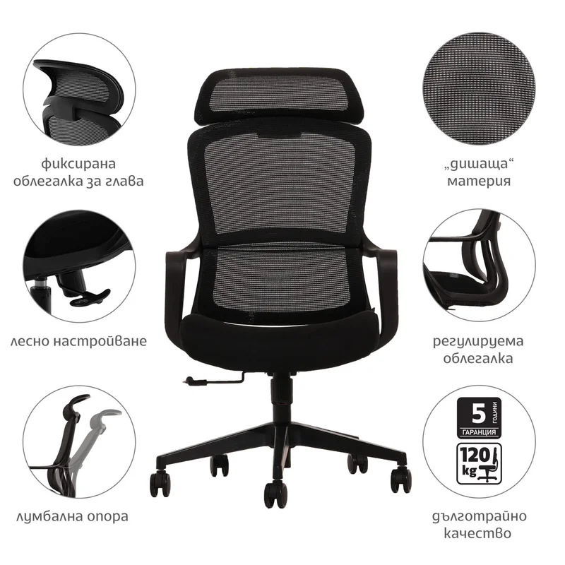 RFG Executive Chair Best HB, fabric and mesh, black seat, black backrest