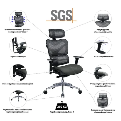 Ергономичен стол RFG TECH@GAMES, Multi-function механизъм, до 250 kg, сив