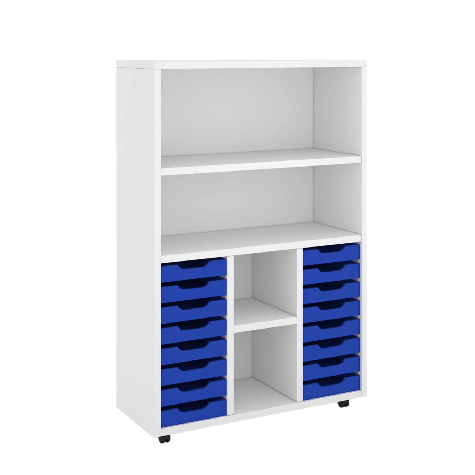 RFG Shelving unit, with 14 blue PP trays, 1040 x 400 x 1500 mm, white
