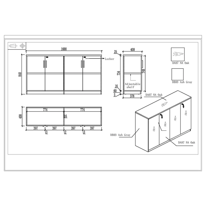 RFG Cabinet Lisabon, 1600 x 400 x 840 mm, na oak and grey