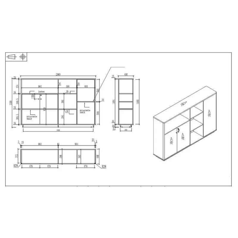 RFG Cabinet Paris, 2000 x 400 x 1300 mm, walnut and light grey