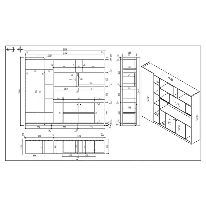 Cabinet RFG Parma, 2400 x 400 x 2000 mm, walnut and pearl graphite