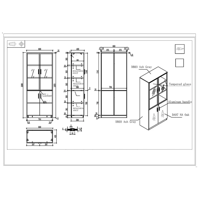 Cabinet RFG Lisabon, with glass doors, 800 x 400 x 2000 mm, chipboard, na oak and gray