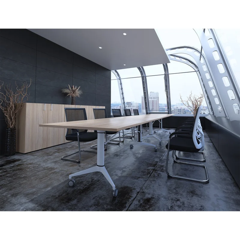 RFG Mobile Folding Conference Table Butterfly, 200 x 100 x 74 cm, amber oak top and white metal legs