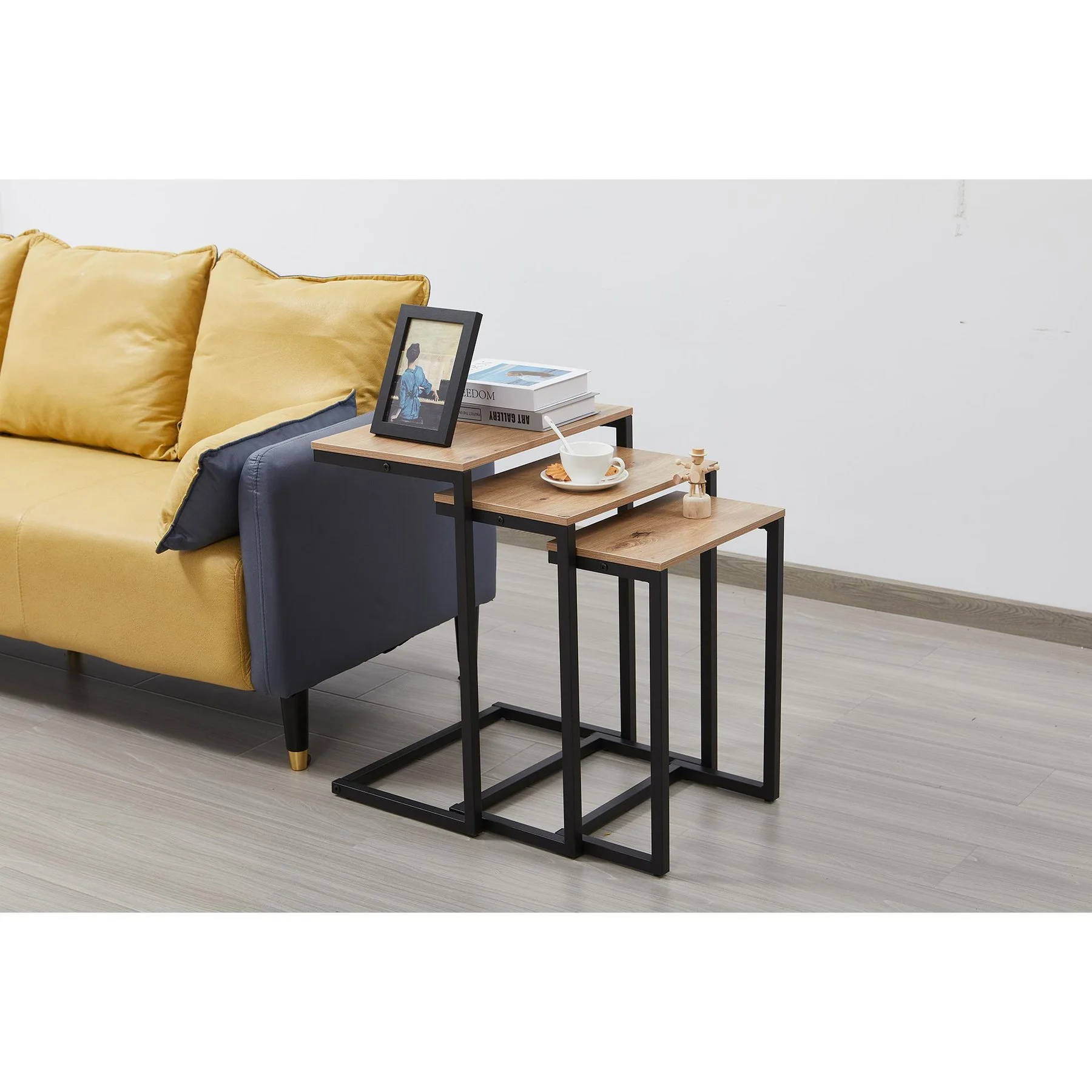 Low table RFG Lisa, rectangular top, oak-color top, chipboard, black metal legs, set of 3